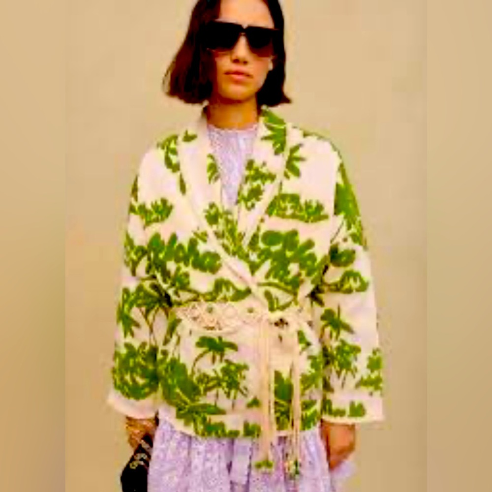 New MAJE Imprime Aloha Beige Belted Cardigan Jacket - Size 2 / SMALL